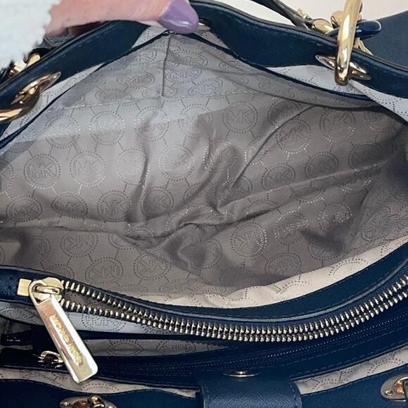 Michael Kors Navy Blue Saffiano Leather Cynthia Tote with Gold Hardware - Picture 7 of 16
